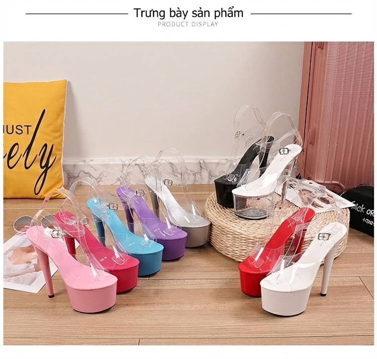 Sandal cao gót nữ quai trong suốt da bóng gót 10 cm chi tiết 13