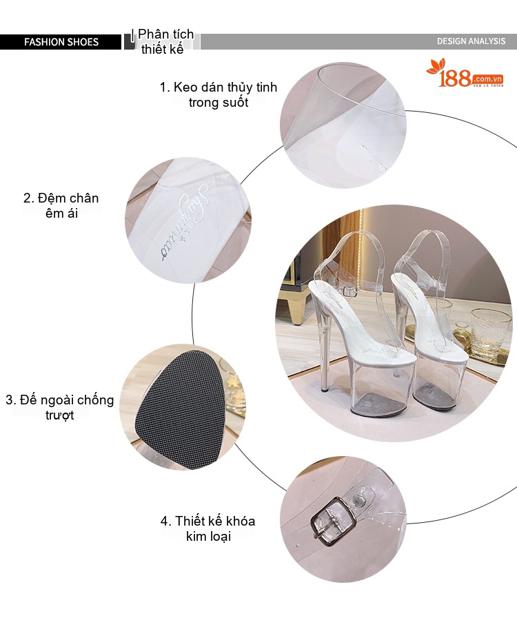 Giày Sandal Cao Gót Nữ Da Bóng Quai Trong Suốt Gót Nhọn Đế Bánh Mì Gót Cao 12cm Màu Trắng chi tiết 3