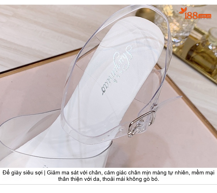 Giày Sandal Cao Gót Nữ Da Bóng Quai Trong Suốt Gót Nhọn Đế Bánh Mì Gót Cao 12cm Màu Trắng chi tiết 5
