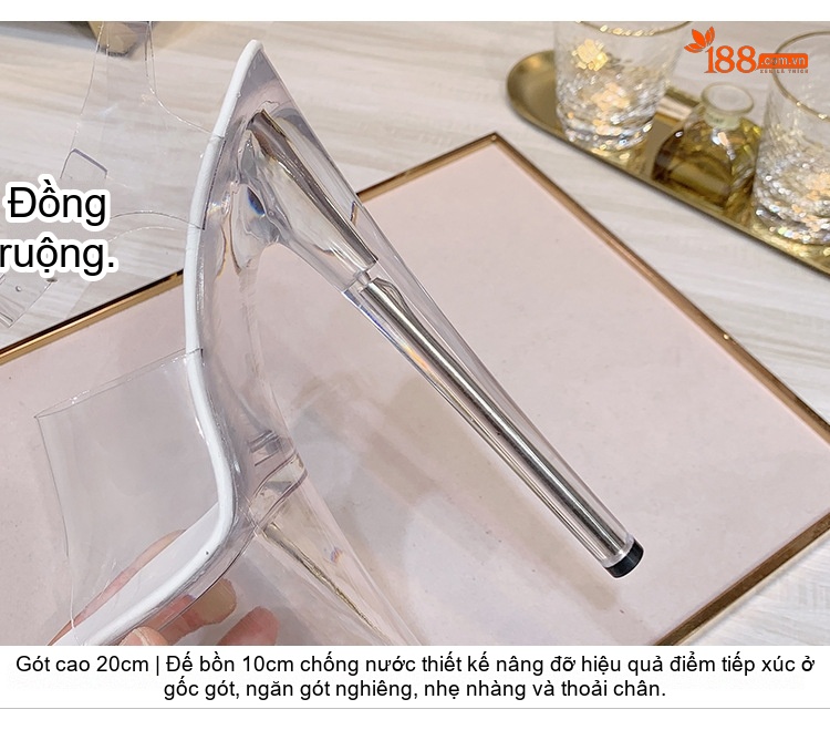 Giày Sandal Cao Gót Nữ Da Bóng Quai Trong Suốt Gót Nhọn Đế Bánh Mì Gót Cao 12cm Màu Trắng chi tiết 6