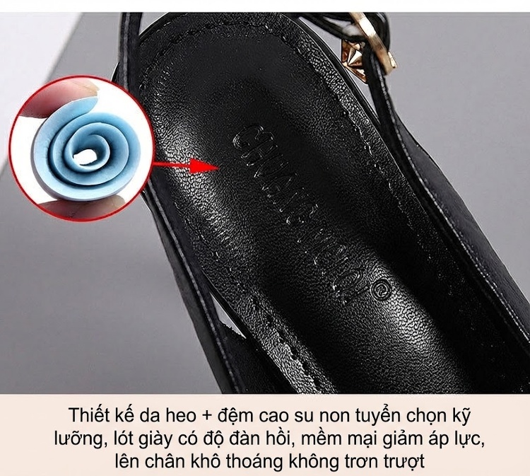 Giày Sandal Cao Gót Nữ Mũi Nhọn Quai Hậu Đính Đá Gót Cao 7cm - 8cm Màu Đen, Kem chi tiết 9