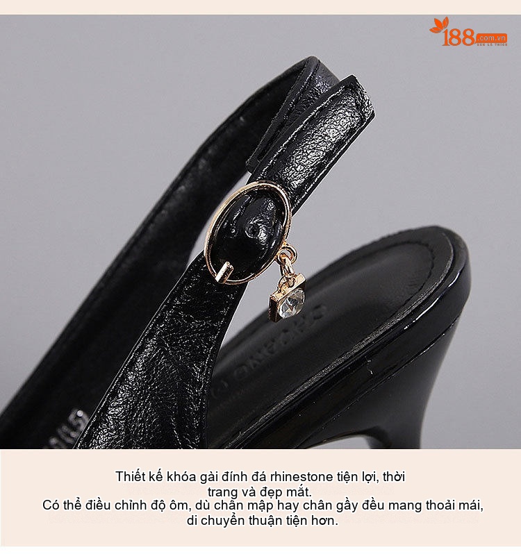 Giày Sandal Cao Gót Nữ Mũi Nhọn Quai Hậu Đính Đá Gót Cao 7cm - 8cm Màu Đen, Kem chi tiết 10