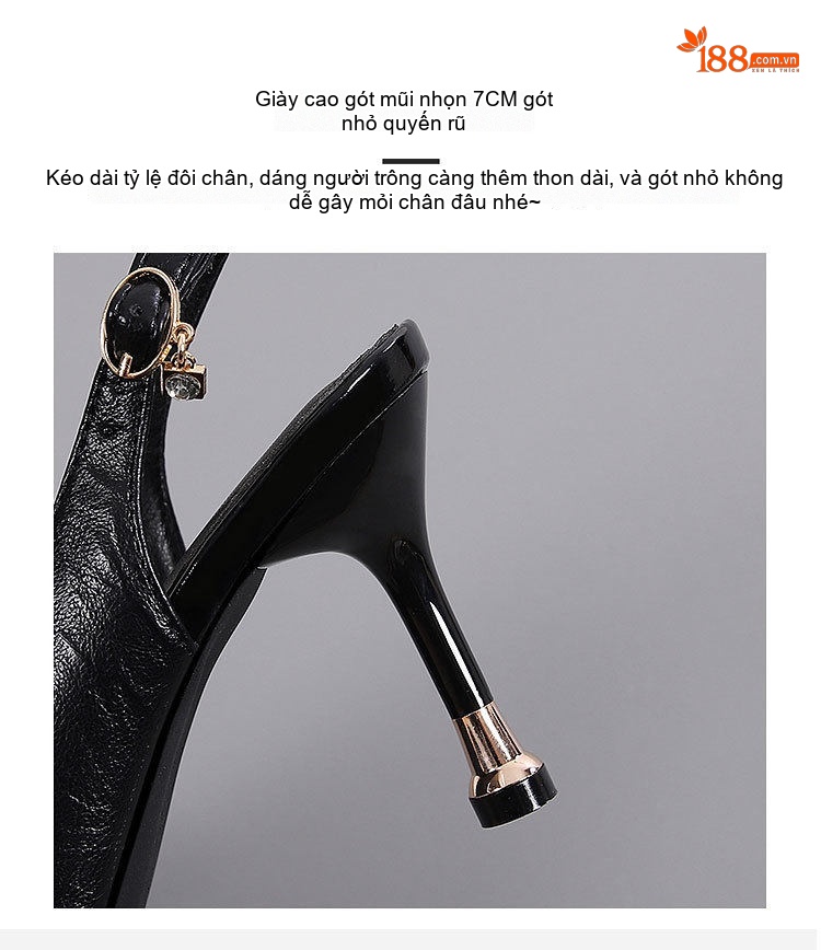 Giày Sandal Cao Gót Nữ Mũi Nhọn Quai Hậu Đính Đá Gót Cao 7cm - 8cm Màu Đen, Kem chi tiết 11