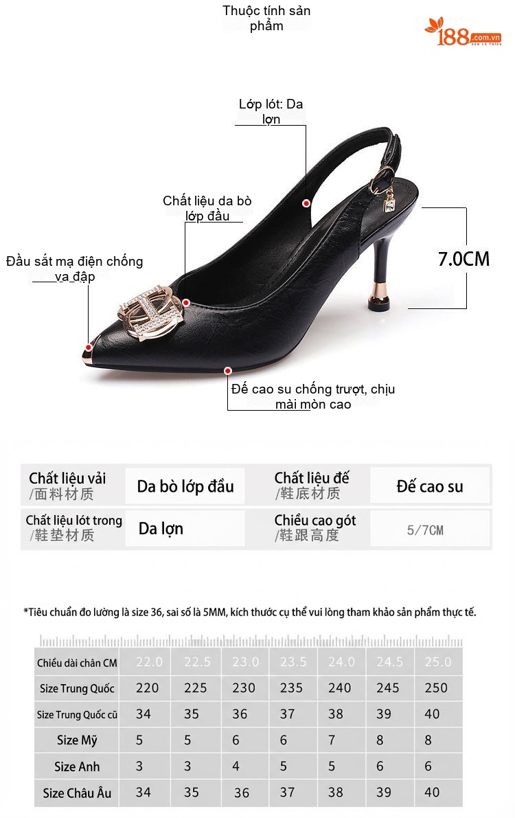 Giày Sandal Cao Gót Nữ Mũi Nhọn Quai Hậu Đính Đá Gót Cao 7cm - 8cm Màu Đen, Kem chi tiết 6