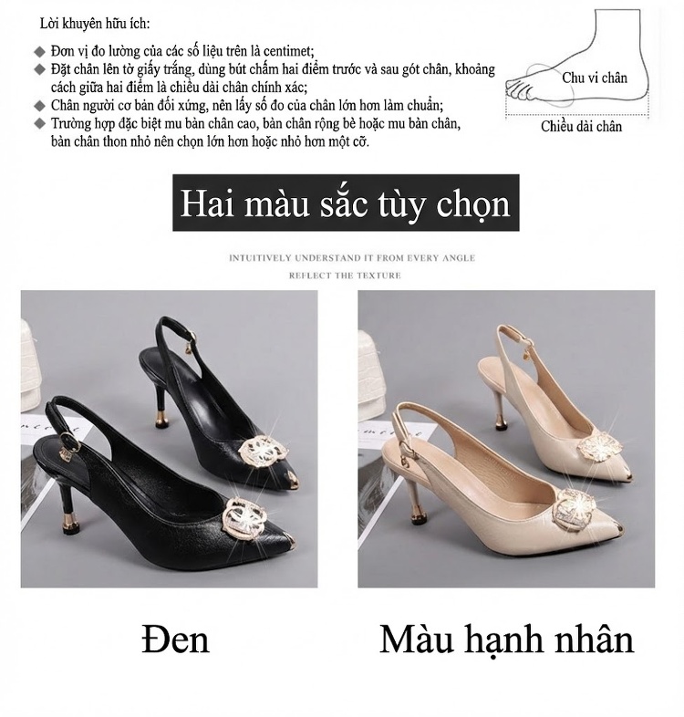 Giày Sandal Cao Gót Nữ Mũi Nhọn Quai Hậu Đính Đá Gót Cao 7cm - 8cm Màu Đen, Kem chi tiết 7