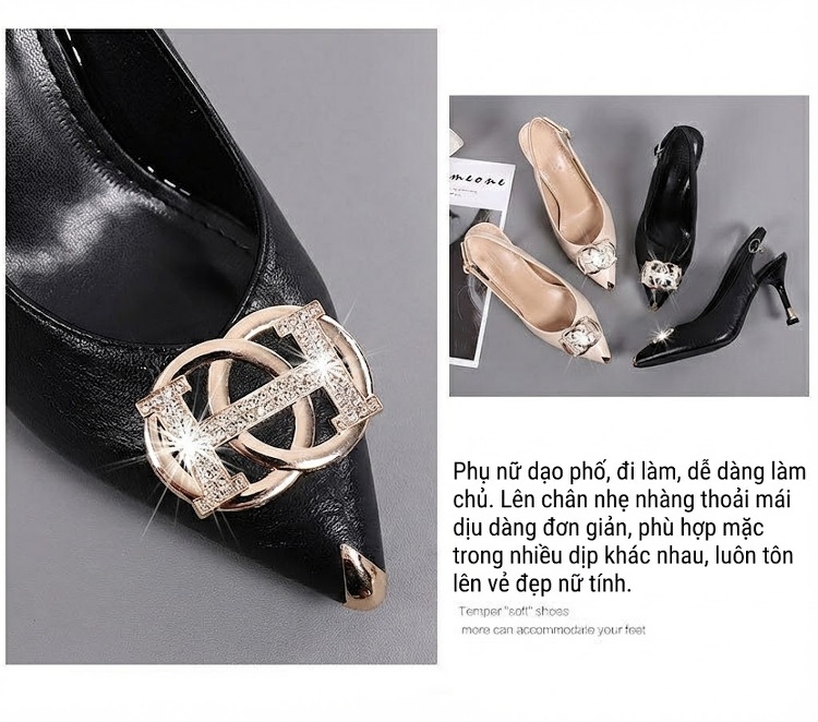 Giày Sandal Cao Gót Nữ Mũi Nhọn Quai Hậu Đính Đá Gót Cao 7cm - 8cm Màu Đen, Kem chi tiết 4