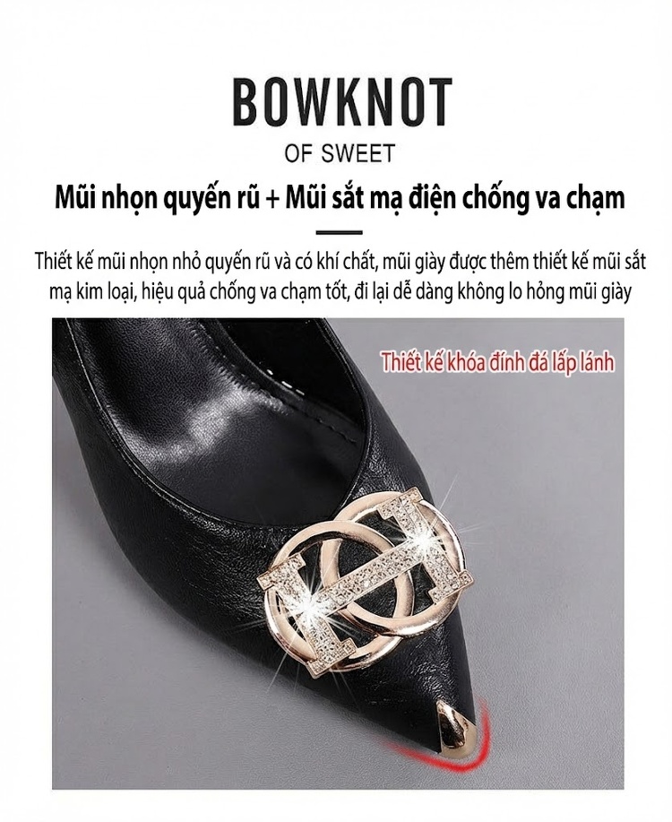 Giày Sandal Cao Gót Nữ Mũi Nhọn Quai Hậu Đính Đá Gót Cao 7cm - 8cm Màu Đen, Kem chi tiết 8