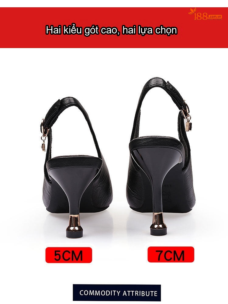 Giày Sandal Cao Gót Nữ Mũi Nhọn Quai Hậu Đính Đá Gót Cao 7cm - 8cm Màu Đen, Kem chi tiết 5