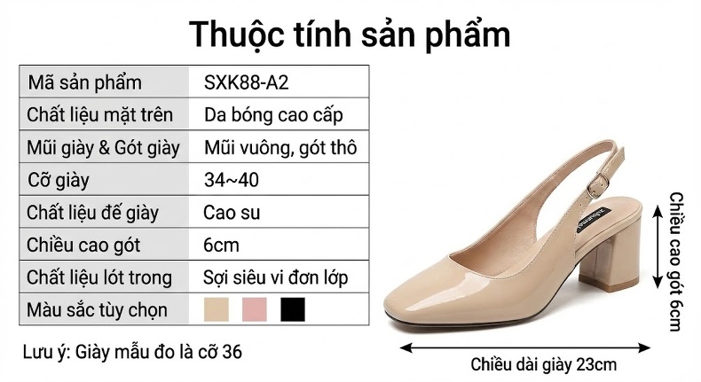 Giày Sandal Cao Gót Nữ Mũi Vuông Da Bóng Quai Hậu Đính Đá Gót Cao 7cm - 8cm Màu Đen, Kem chi tiết 2