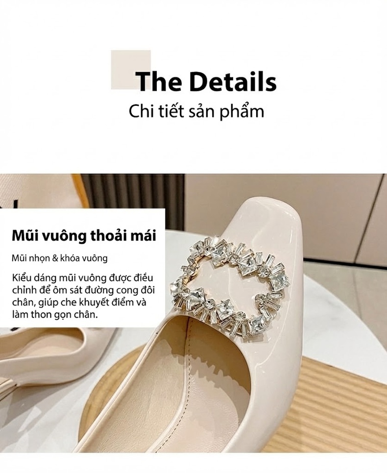 Giày Sandal Cao Gót Nữ Mũi Vuông Da Bóng Quai Hậu Đính Đá Gót Cao 7cm - 8cm Màu Đen, Kem chi tiết 4