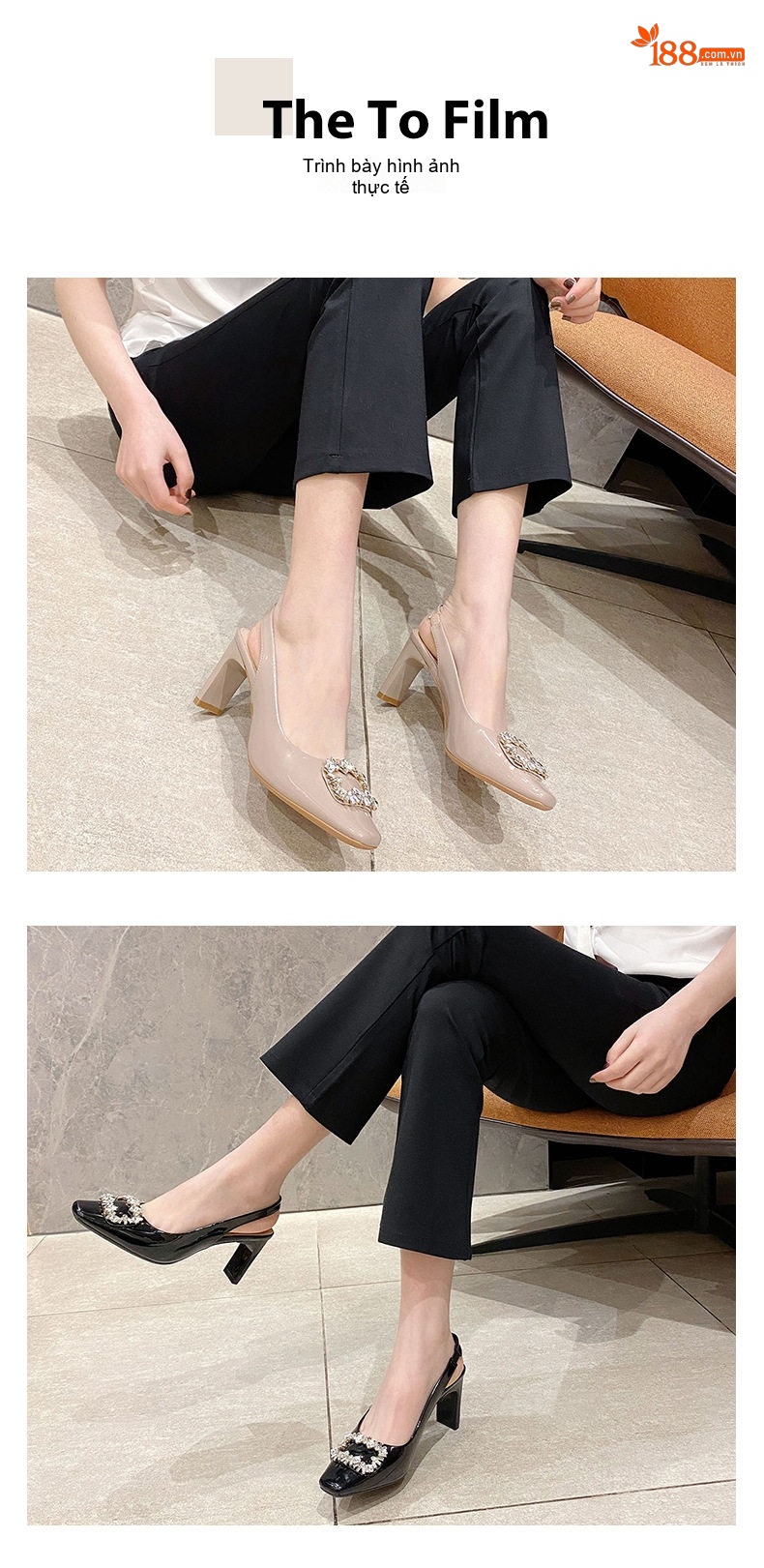 Giày Sandal Cao Gót Nữ Mũi Vuông Da Bóng Quai Hậu Đính Đá Gót Cao 7cm - 8cm Màu Đen, Kem chi tiết 6