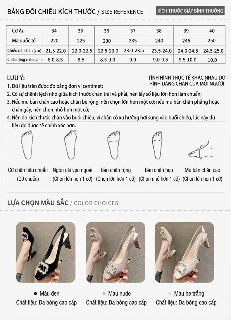 Giày Sandal Cao Gót Nữ Mũi Vuông Da Bóng Quai Hậu Đính Đá Gót Cao 7cm - 8cm Màu Đen, Kem chi tiết 3