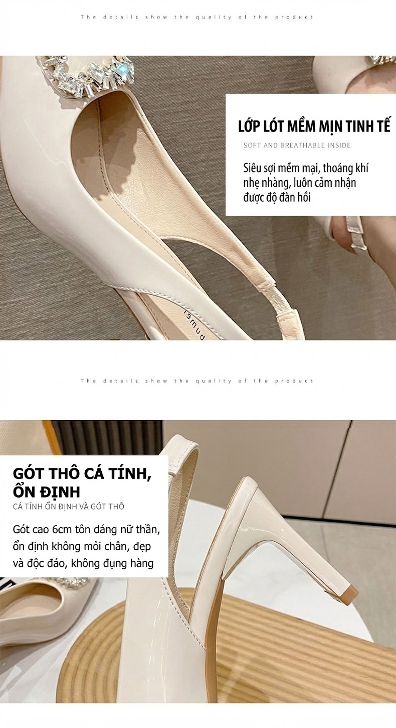 Giày Sandal Cao Gót Nữ Mũi Vuông Da Bóng Quai Hậu Đính Đá Gót Cao 7cm - 8cm Màu Đen, Kem chi tiết 5