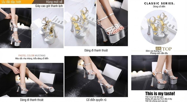 Giày Sandal Cao Gót Nữ Quai Chéo Hở Ngón Da Bóng Gót Cao 10cm - 12cm Màu Đen, Bạc chi tiết 2