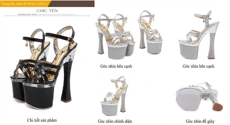 Giày Sandal Cao Gót Nữ Quai Chéo Hở Ngón Da Bóng Gót Cao 10cm - 12cm Màu Đen, Bạc chi tiết 4