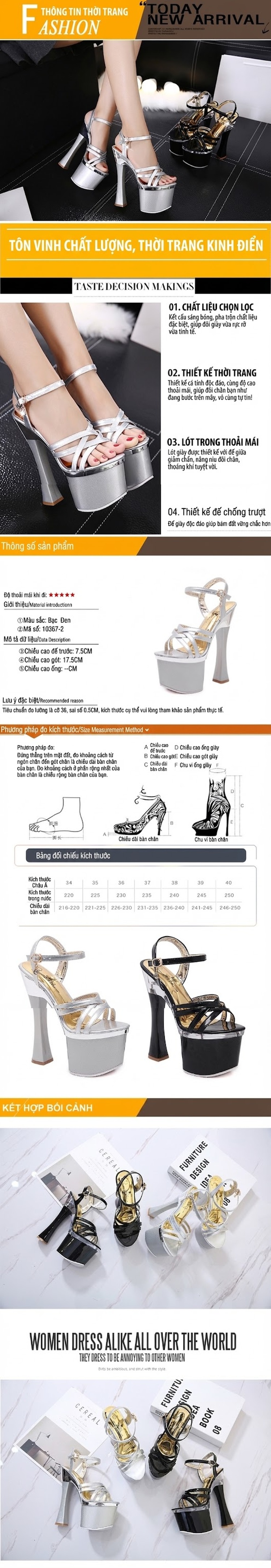 Giày Sandal Cao Gót Nữ Quai Chéo Hở Ngón Da Bóng Gót Cao 10cm - 12cm Màu Đen, Bạc chi tiết 1