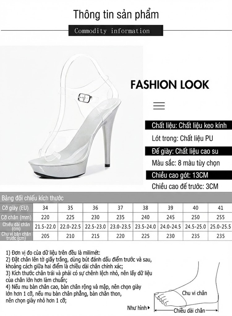 Giày Sandal Cao Gót Nữ Quai Trong Suốt Gót Nhọn Đế Xuồng Gót Cao 10cm - 12cm Màu Đen, Đỏ, Vàng, Bạc... chi tiết 2
