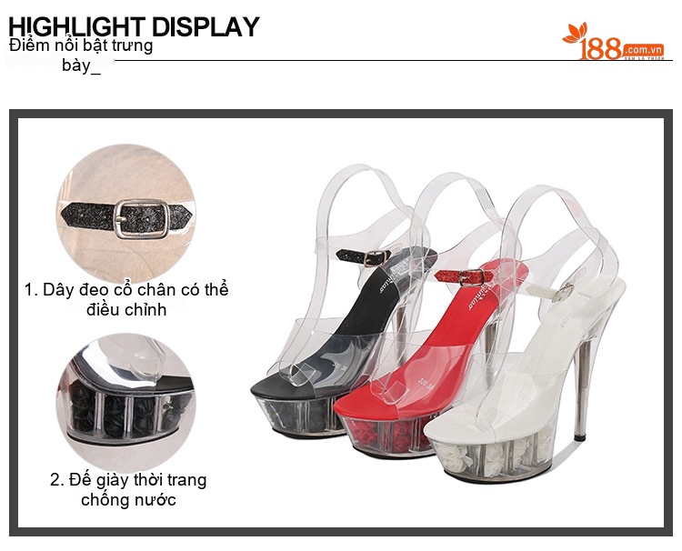 Giày Sandal Cao Gót Nữ Quai Trong Suốt Đế Xuồng Gót Cao 15cm Màu Đen, Trắng, Đỏ, Vàng... chi tiết 3