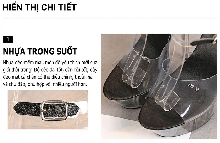 Giày Sandal Cao Gót Nữ Quai Trong Suốt Đế Xuồng Gót Cao 15cm Màu Đen, Trắng, Đỏ, Vàng... chi tiết 4