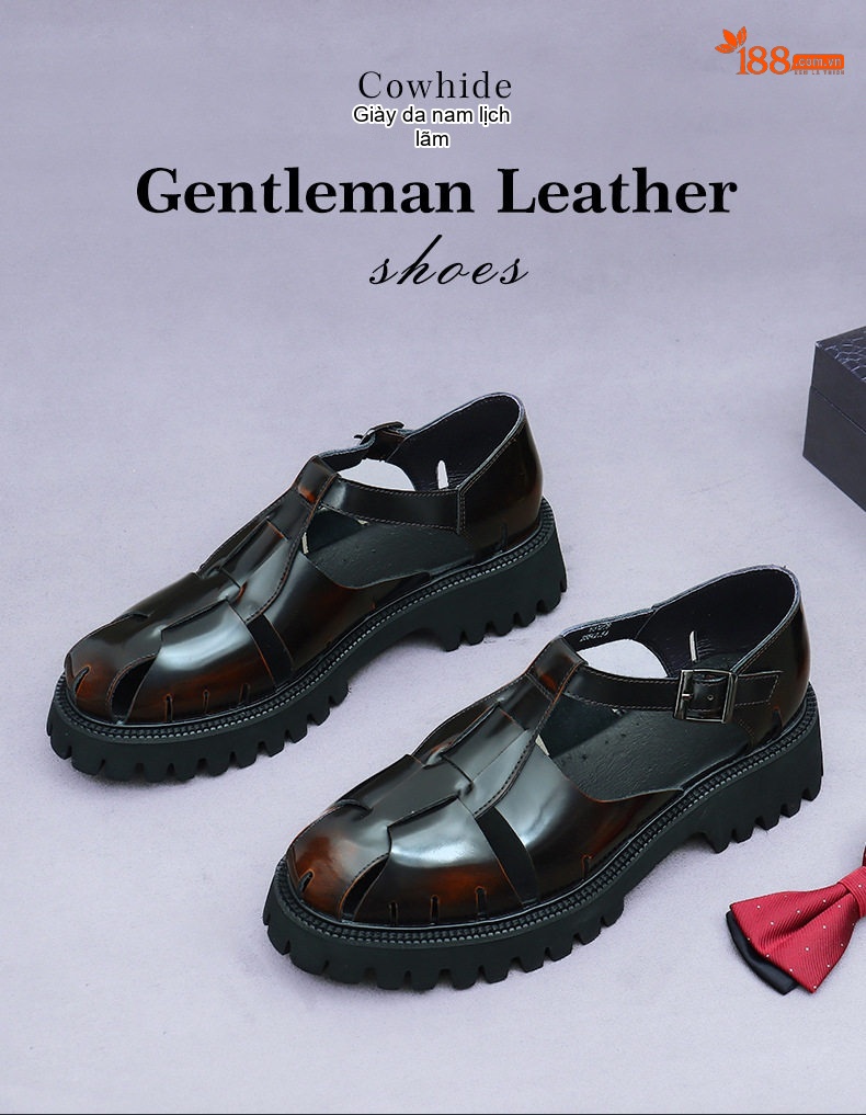 Giày Sandal Nam Da Bò Bóng Đế Cao 4.5cm Quai Khóa Màu Đen chi tiết 1
