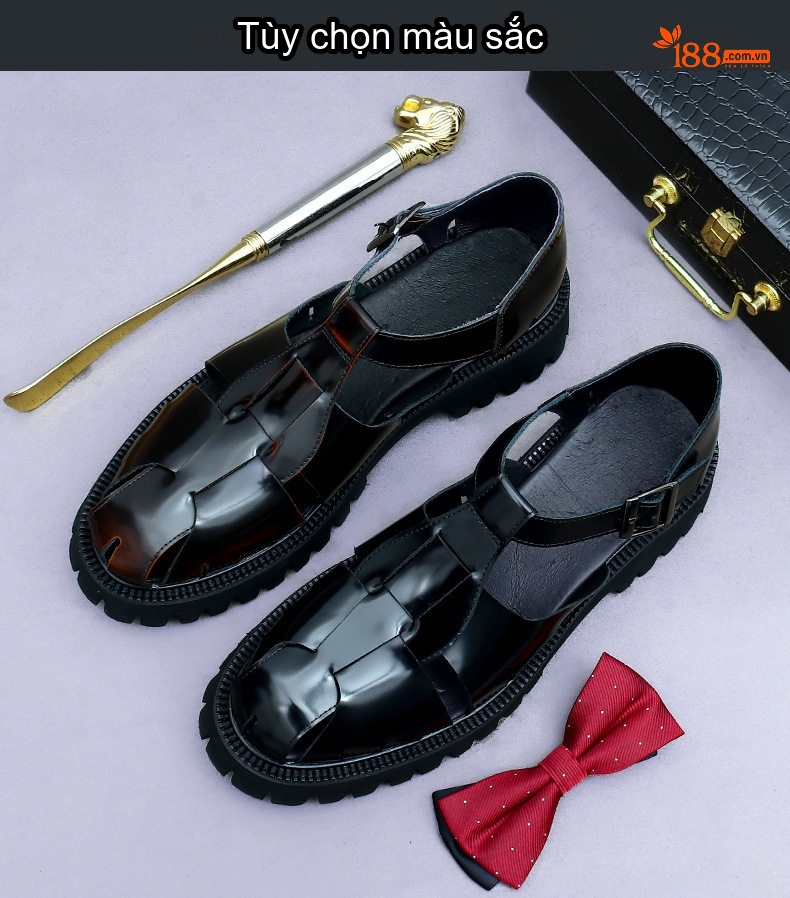 Giày Sandal Nam Da Bò Bóng Đế Cao 4.5cm Quai Khóa Màu Đen chi tiết 2