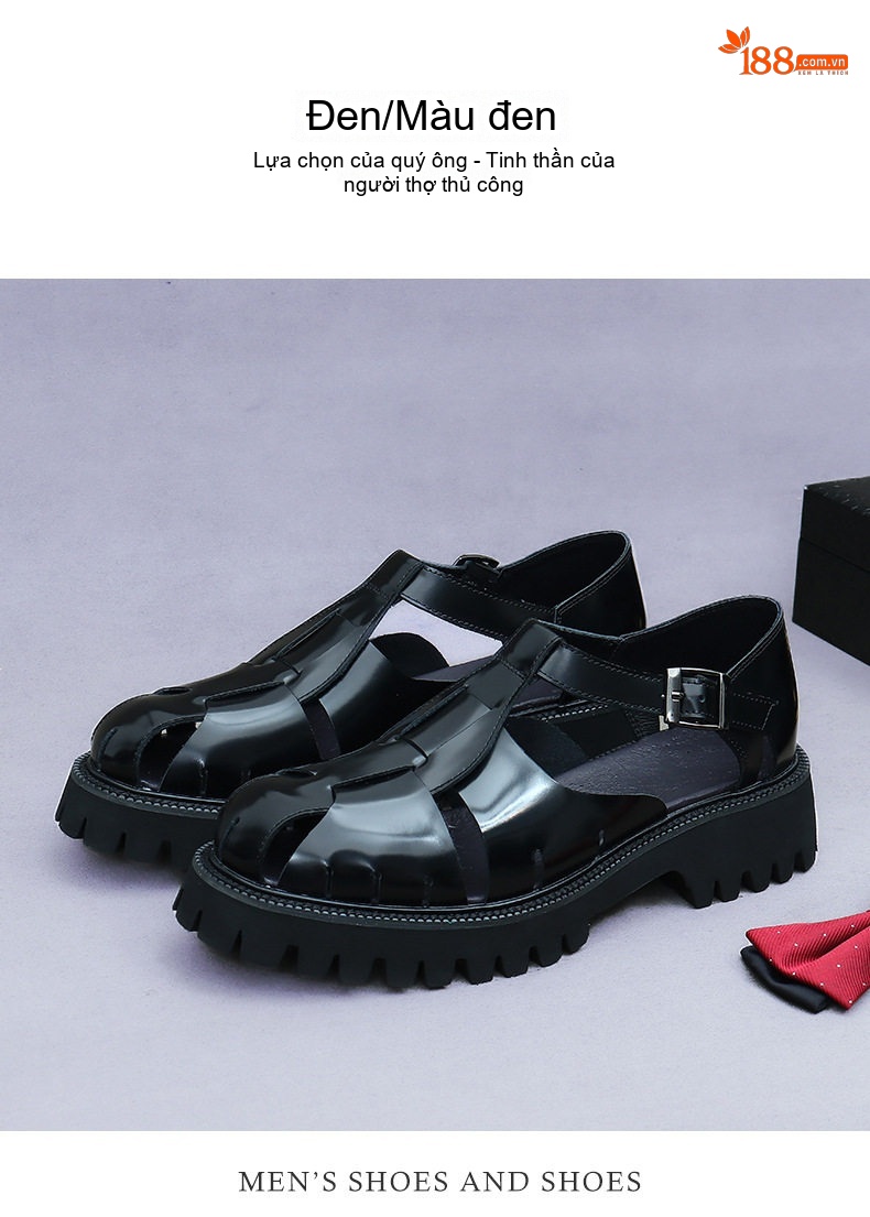 Giày Sandal Nam Da Bò Bóng Đế Cao 4.5cm Quai Khóa Màu Đen chi tiết 3