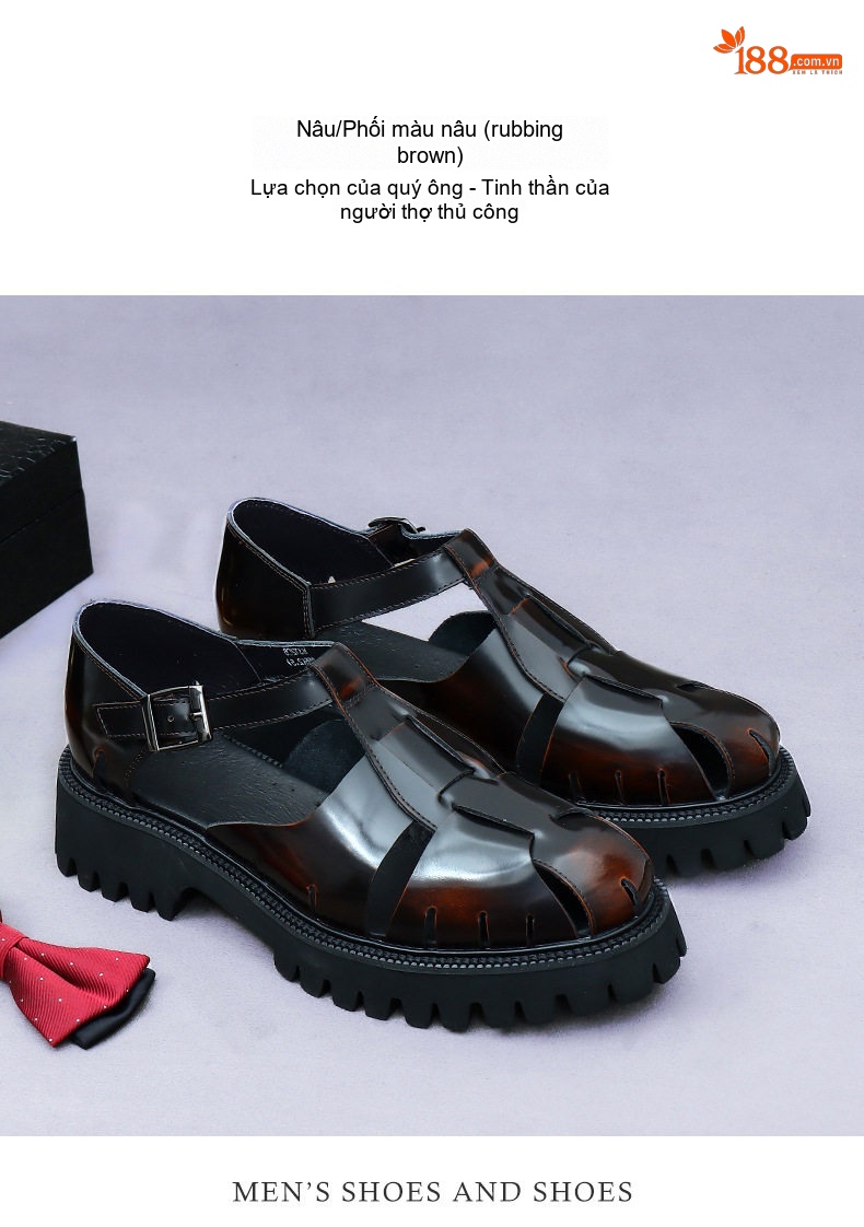 Giày Sandal Nam Da Bò Bóng Đế Cao 4.5cm Quai Khóa Màu Đen chi tiết 10