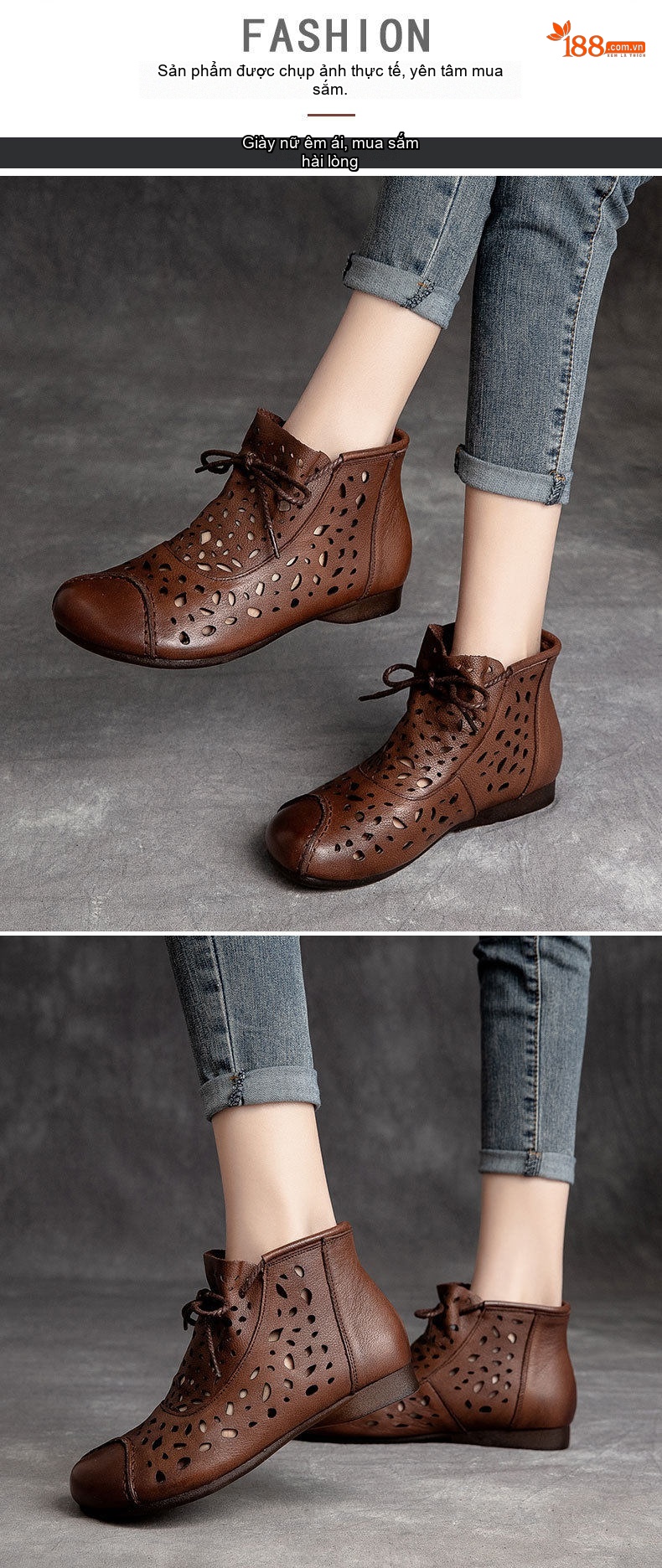 Giày Boots Nữ Cao Cổ Da Bò Lỗ Thoáng Khí Buộc Dây Đế Cao 3cm - 4cm Màu Nâu, Đen chi tiết 7
