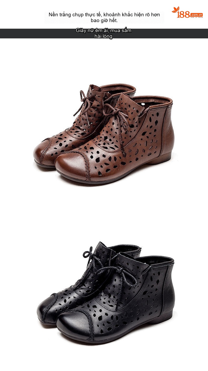 Giày Boots Nữ Cao Cổ Da Bò Lỗ Thoáng Khí Buộc Dây Đế Cao 3cm - 4cm Màu Nâu, Đen chi tiết 13