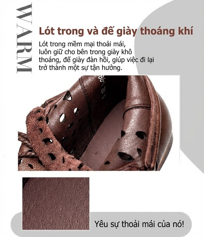 Giày Boots Nữ Cao Cổ Da Bò Lỗ Thoáng Khí Buộc Dây Đế Cao 3cm - 4cm Màu Nâu, Đen chi tiết 18