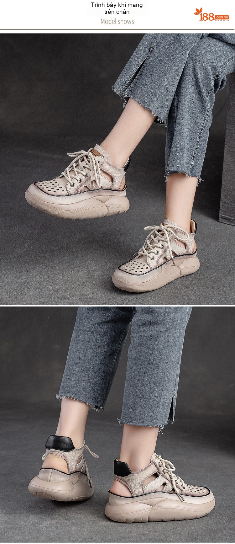 Giày Sandal Nữ Cao Cổ Da Bò Lỗ Thoáng Khí Đế Cao 4cm - 5cm Màu Kem, Đen, Nâu, Xanh... chi tiết 7