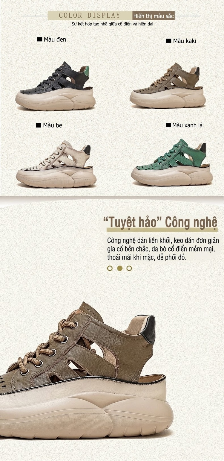 Giày Sandal Nữ Cao Cổ Da Bò Lỗ Thoáng Khí Đế Cao 4cm - 5cm Màu Kem, Đen, Nâu, Xanh... chi tiết 3