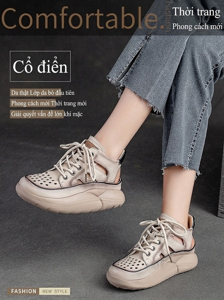 Giày Sandal Nữ Cao Cổ Da Bò Lỗ Thoáng Khí Đế Cao 4cm - 5cm Màu Kem, Đen, Nâu, Xanh... chi tiết 2