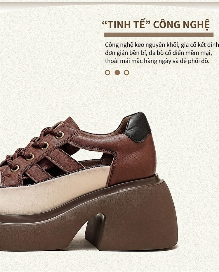 Giày Sandal Cao Gót Nữ Da Bò Lỗ Thoáng Khí Buộc Dây Đế Cao 5cm - 6cm Màu Be, Nâu, Đen, Xanh Lá chi tiết 4