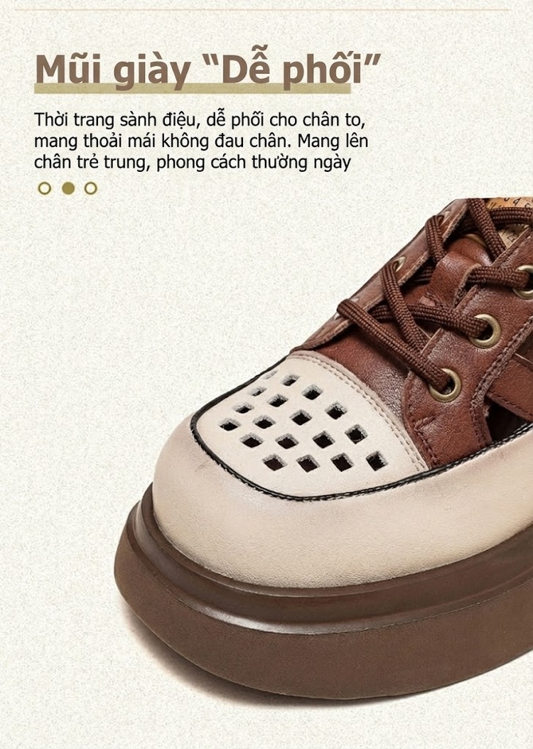 Giày Sandal Cao Gót Nữ Da Bò Lỗ Thoáng Khí Buộc Dây Đế Cao 5cm - 6cm Màu Be, Nâu, Đen, Xanh Lá chi tiết 5