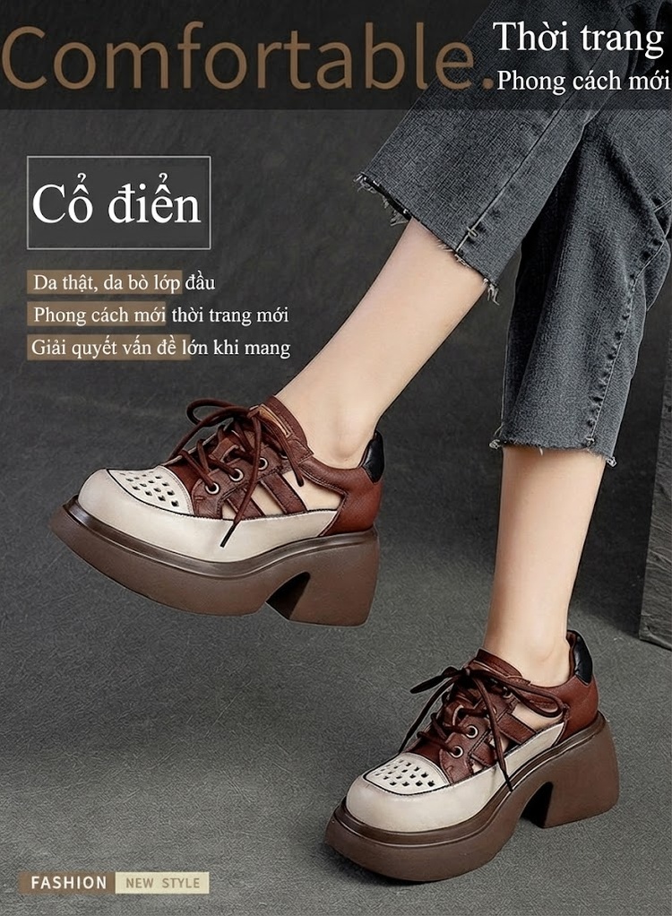 Giày Sandal Cao Gót Nữ Da Bò Lỗ Thoáng Khí Buộc Dây Đế Cao 5cm - 6cm Màu Be, Nâu, Đen, Xanh Lá chi tiết 2