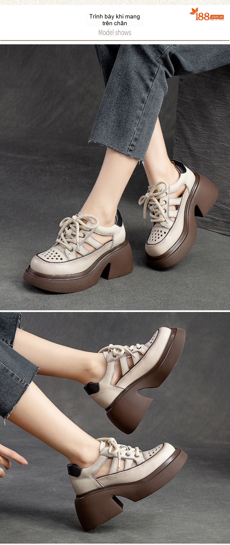 Giày Sandal Cao Gót Nữ Da Bò Lỗ Thoáng Khí Buộc Dây Đế Cao 5cm - 6cm Màu Be, Nâu, Đen, Xanh Lá chi tiết 8