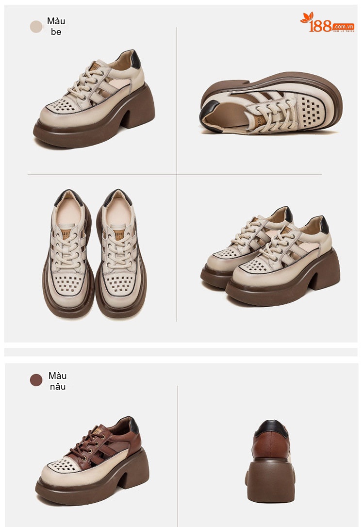 Giày Sandal Cao Gót Nữ Da Bò Lỗ Thoáng Khí Buộc Dây Đế Cao 5cm - 6cm Màu Be, Nâu, Đen, Xanh Lá chi tiết 18