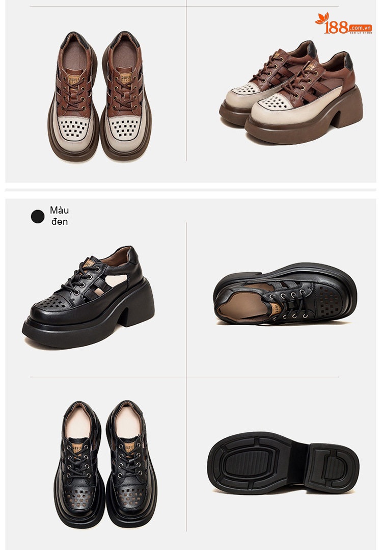 Giày Sandal Cao Gót Nữ Da Bò Lỗ Thoáng Khí Buộc Dây Đế Cao 5cm - 6cm Màu Be, Nâu, Đen, Xanh Lá chi tiết 19