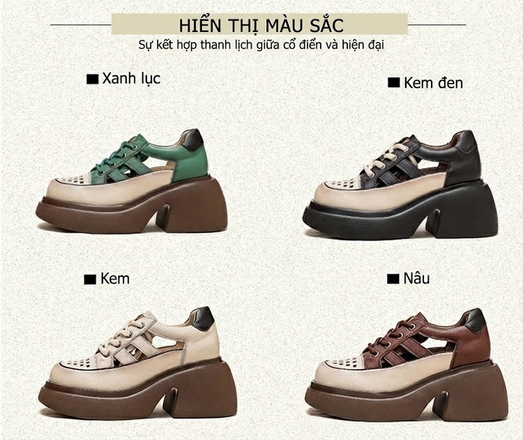 Giày Sandal Cao Gót Nữ Da Bò Lỗ Thoáng Khí Buộc Dây Đế Cao 5cm - 6cm Màu Be, Nâu, Đen, Xanh Lá chi tiết 3