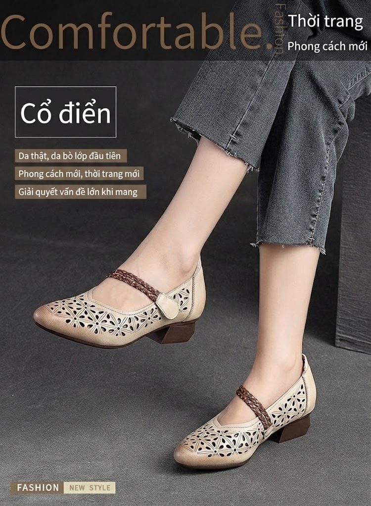 Giày Sandal Cao Gót Nữ Da Bò Lỗ Thoáng Khí Quai Dán Gót Cao 5cm - 6cm Màu Nâu, Kem chi tiết 2