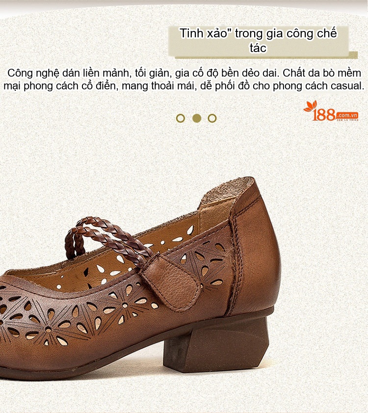 Giày Sandal Cao Gót Nữ Da Bò Lỗ Thoáng Khí Quai Dán Gót Cao 5cm - 6cm Màu Nâu, Kem chi tiết 3
