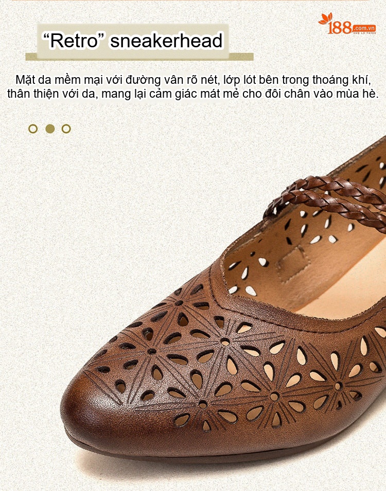 Giày Sandal Cao Gót Nữ Da Bò Lỗ Thoáng Khí Quai Dán Gót Cao 5cm - 6cm Màu Nâu, Kem chi tiết 4