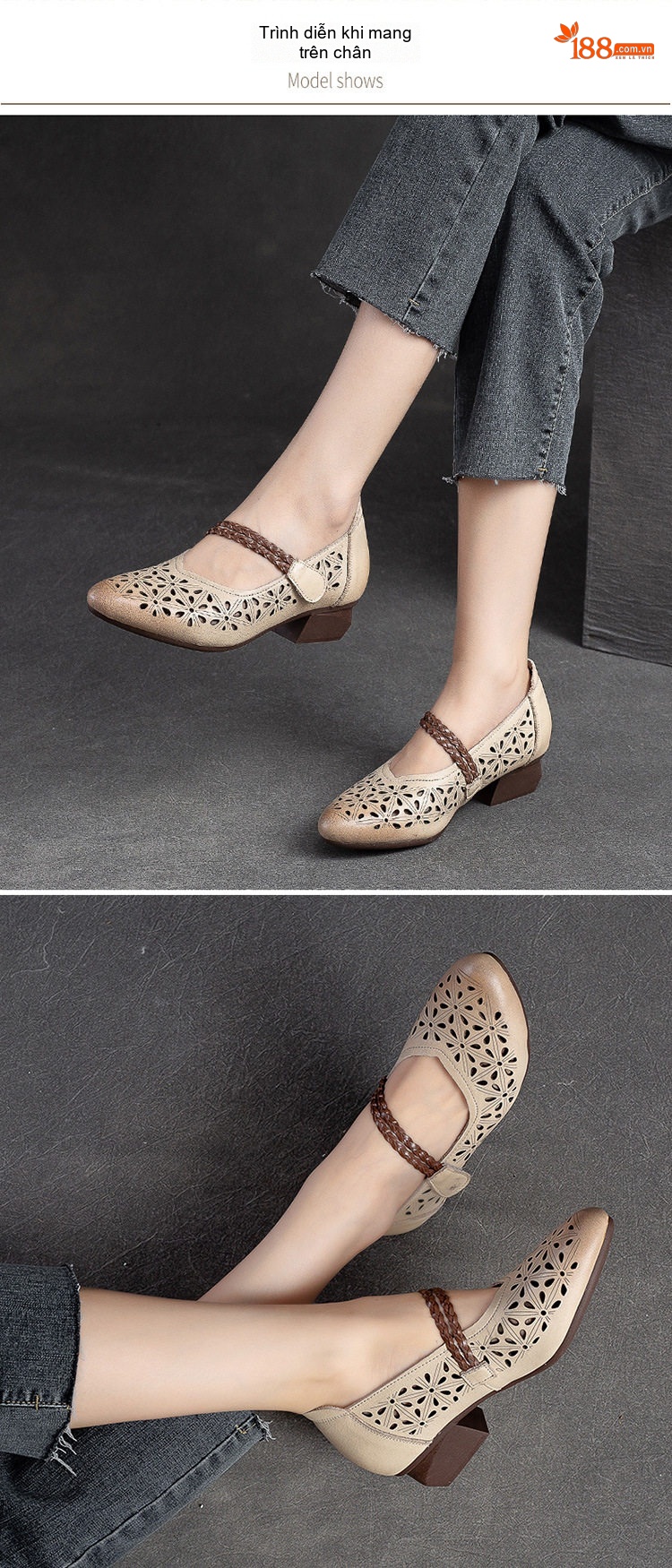 Giày Sandal Cao Gót Nữ Da Bò Lỗ Thoáng Khí Quai Dán Gót Cao 5cm - 6cm Màu Nâu, Kem chi tiết 7