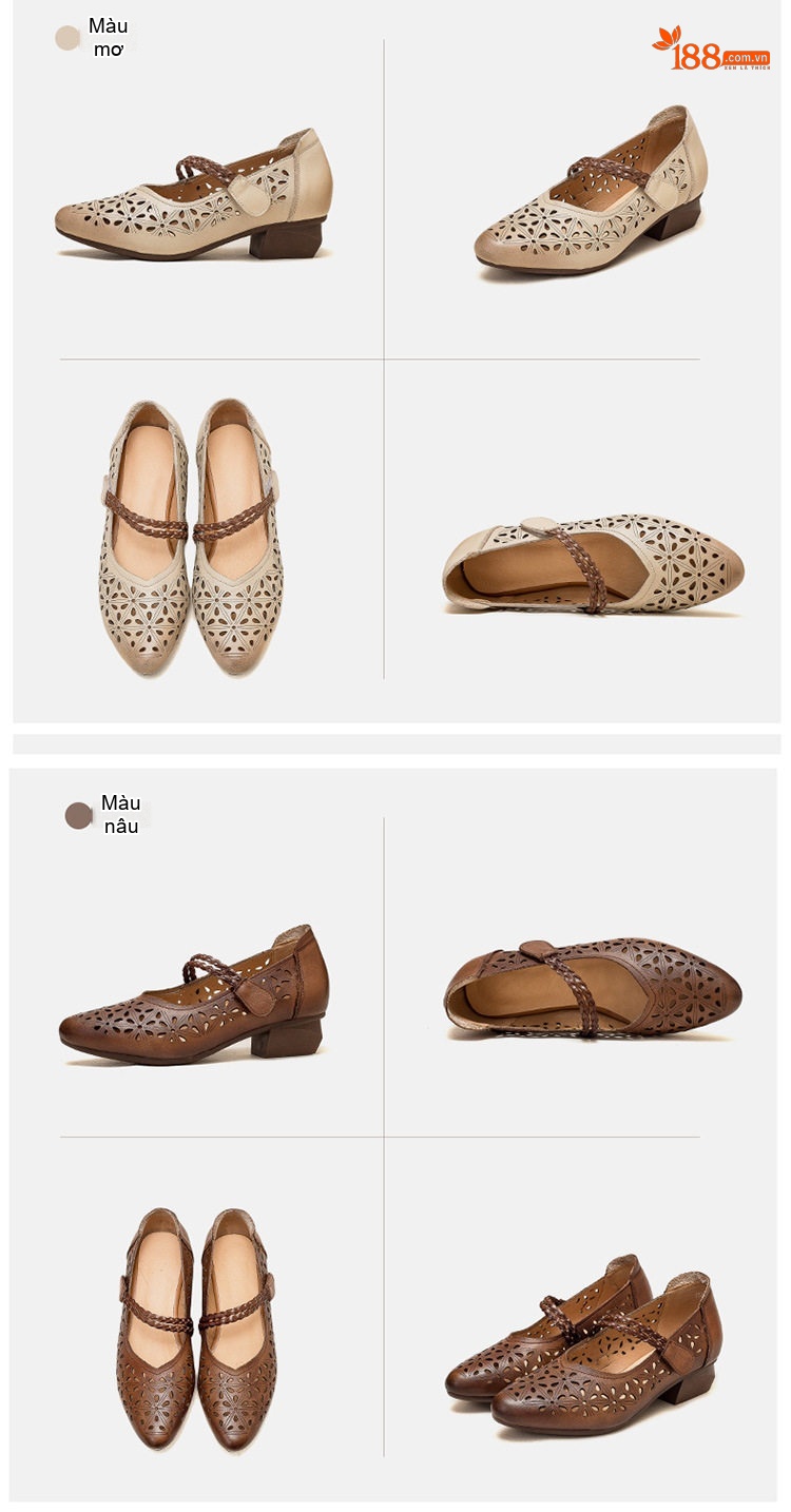 Giày Sandal Cao Gót Nữ Da Bò Lỗ Thoáng Khí Quai Dán Gót Cao 5cm - 6cm Màu Nâu, Kem chi tiết 14