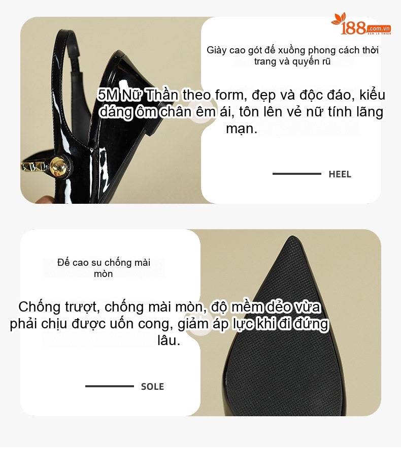 Dép Sandal Nữ Hở Gót Mũi Nhọn Đế Xuồng Quai Chữ T Đinh Tán Da Bóng Đế Cao 5cm - 6cm Màu Đen, Kem chi tiết 4