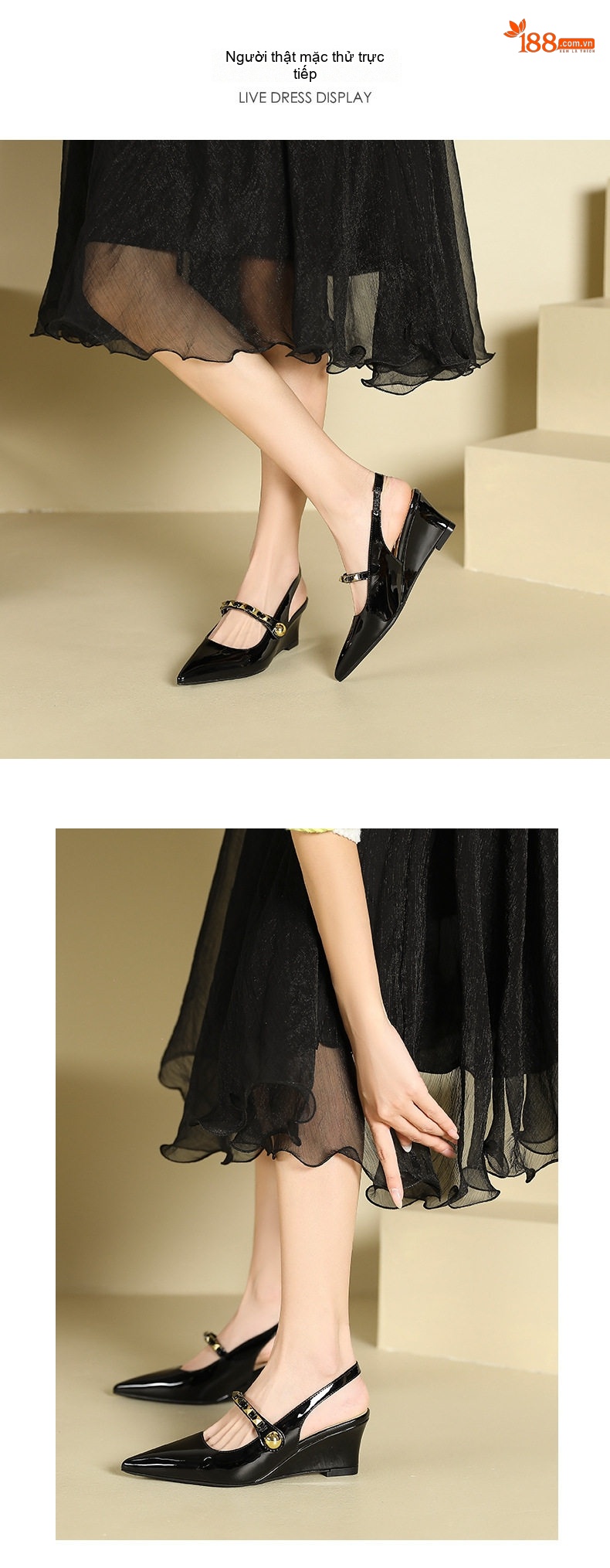 Dép Sandal Nữ Hở Gót Mũi Nhọn Đế Xuồng Quai Chữ T Đinh Tán Da Bóng Đế Cao 5cm - 6cm Màu Đen, Kem chi tiết 5