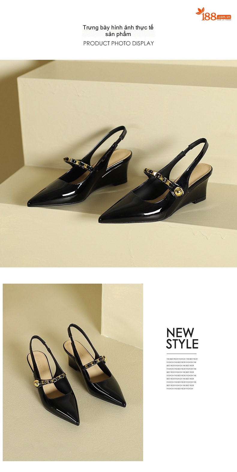 Dép Sandal Nữ Hở Gót Mũi Nhọn Đế Xuồng Quai Chữ T Đinh Tán Da Bóng Đế Cao 5cm - 6cm Màu Đen, Kem chi tiết 9