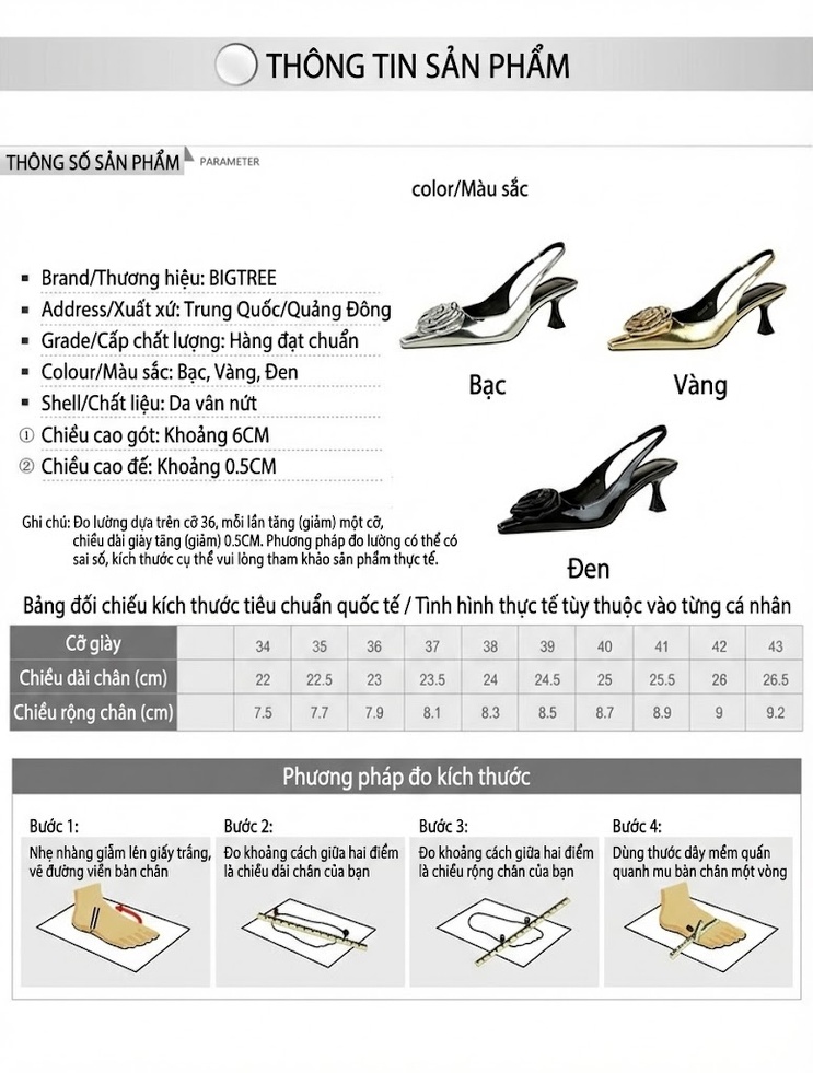 Giày Sandal Cao Gót Nữ Mũi Nhọn Quai Hậu Đính Hoa Gót Ly Rượu Da Bóng Gót Cao 7cm - 8cm Màu Đen, Bạc, Vàng chi tiết 1