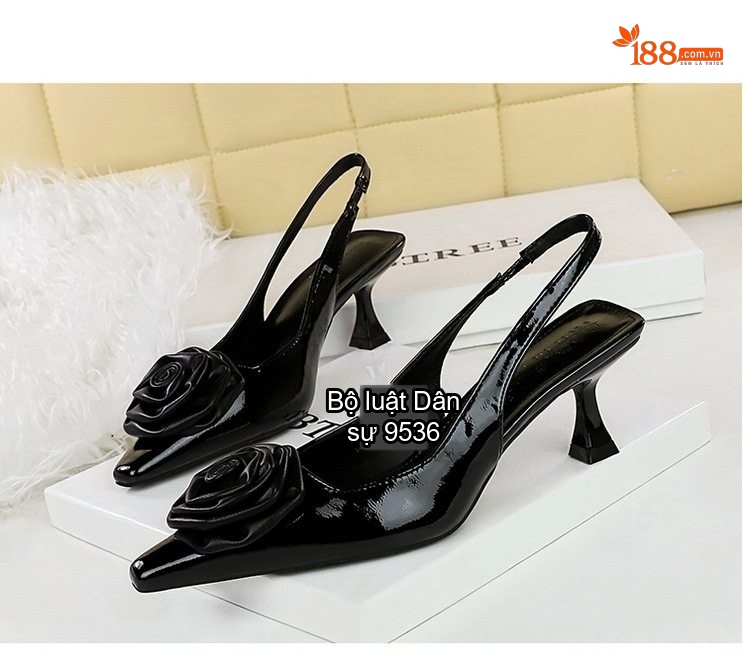 Giày Sandal Cao Gót Nữ Mũi Nhọn Quai Hậu Đính Hoa Gót Ly Rượu Da Bóng Gót Cao 7cm - 8cm Màu Đen, Bạc, Vàng chi tiết 2